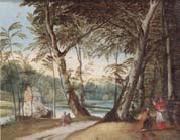 unknow artist, A wooded landscape with a beggar kneeling before a cardinal